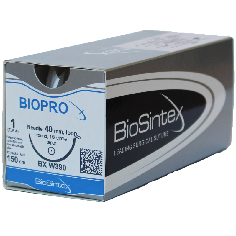 Biopro(BXW 390),Поліпропілен,USP 1 (M 4),150см, кол. голка 40 мм,1/2 кола, петля
